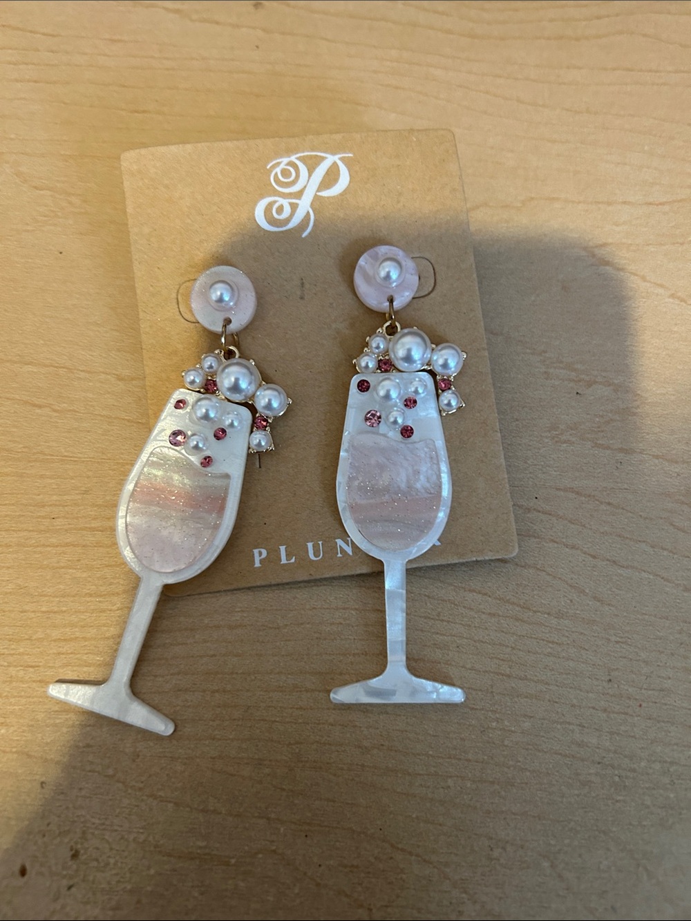 Plunder Iridescent Pink Pearl & Rhinestone Champagne Glass Earrings